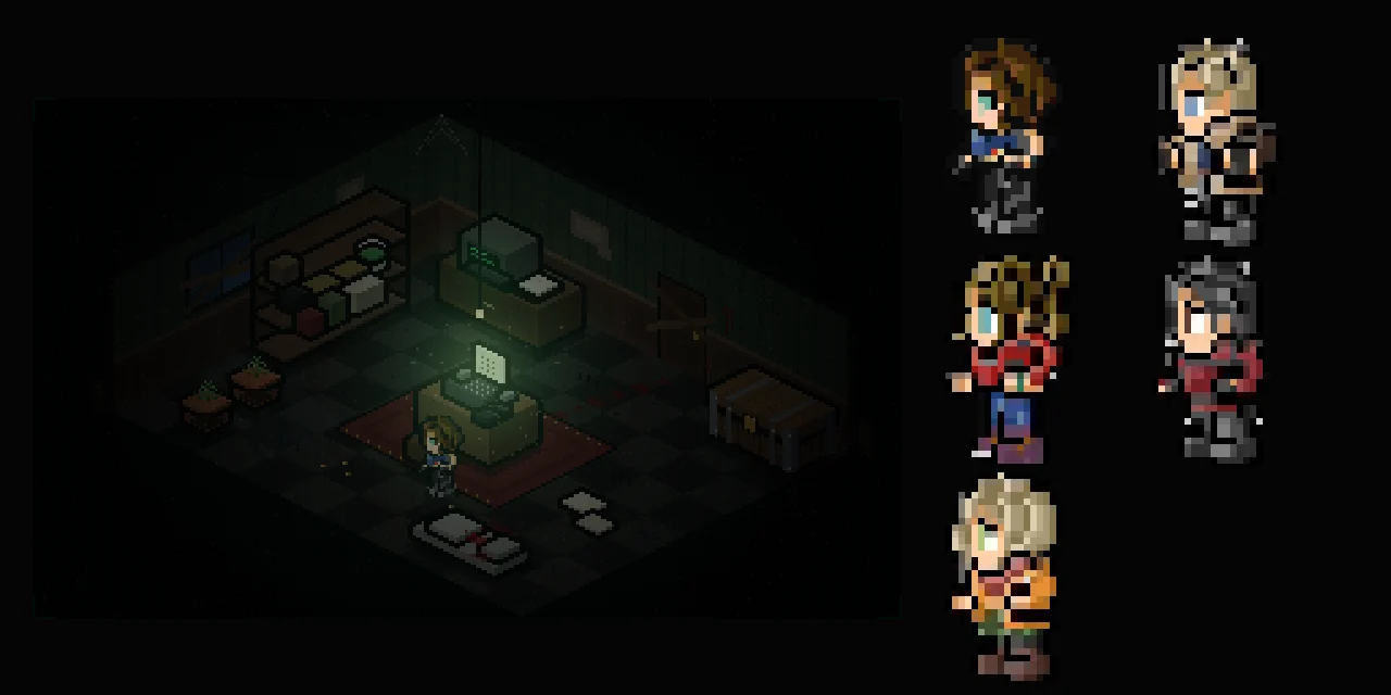 La salle de sauvegarde et les personnages en pixel art
